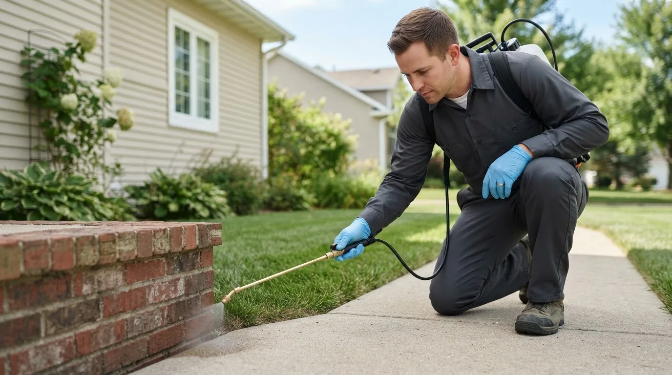 Pest control technician treating a home near Freeport, NY